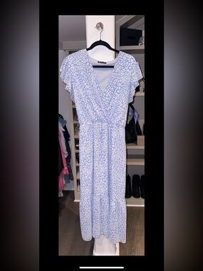 Light Blue and White Printed Midi Dress